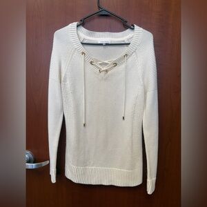 Calvin Klein Cream Lace-Up V-Neck Knit Sweater